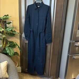Reformation Collared Navy Long Sleeve Button-Up One Piece Jumpsuit